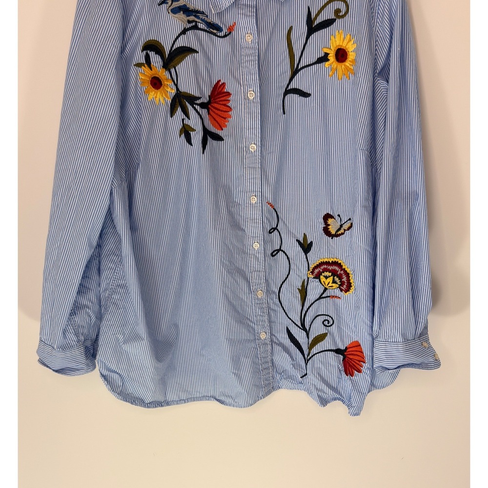 Talbots Woman Striped Button Down Blouse Shirt Floral Embroidered Blue White 3X - Picture 5 of 13